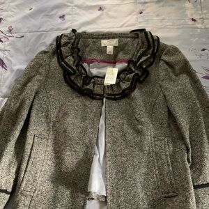 LOFT Gray Blazer with Black Ruffle Trim